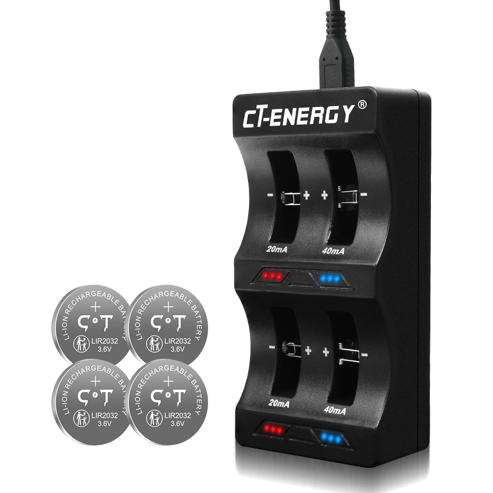 CT-ENERGY Rechargeable cr2032 Batteries 4 Pack with Coin Button Battery Charger Kit, 3.6V Rechargeable Lir2032 Battery for Key Fobs Replace 3V CR2032