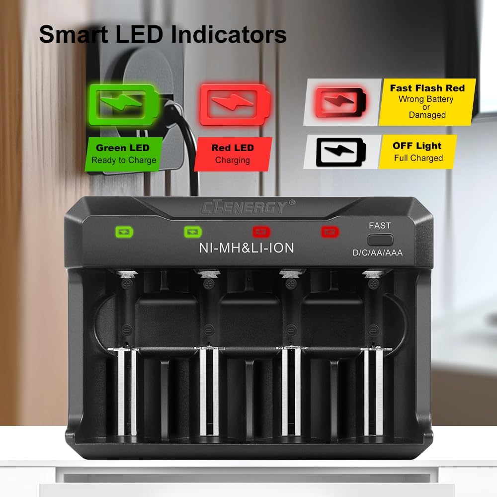 4 Bay AA AAA C D Battery Charger with Rechargeable D Cells Batteries 4 Counts,USB 1.5V LR20 Lithium D Size Rechargeable Batteries 8000mWh,Quick Charger for Lithium Ni-mh Ni-cd