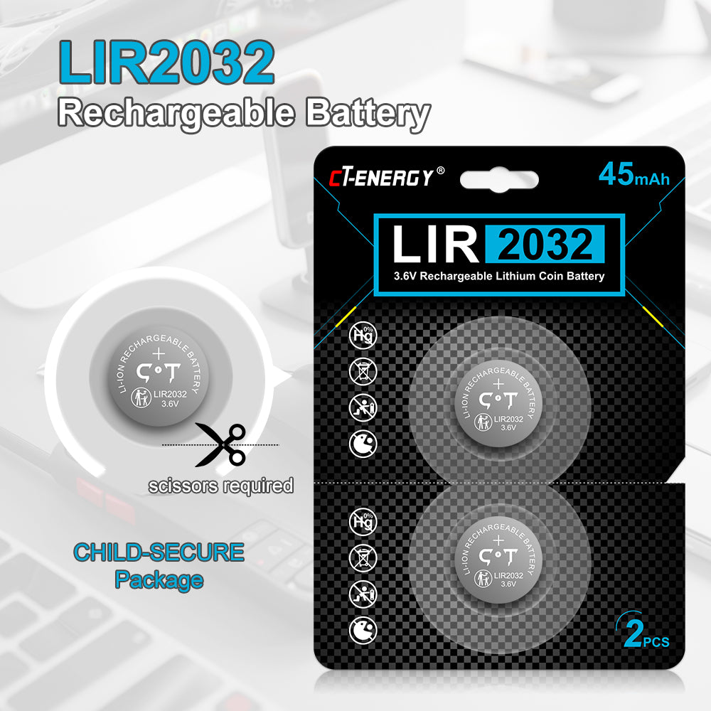 CT-ENERGY Rechargeable cr2032 Batteries 6 Pack 3.6V Lir2032 Battery for Key Fobs Replace 3V CR2032 ML2032