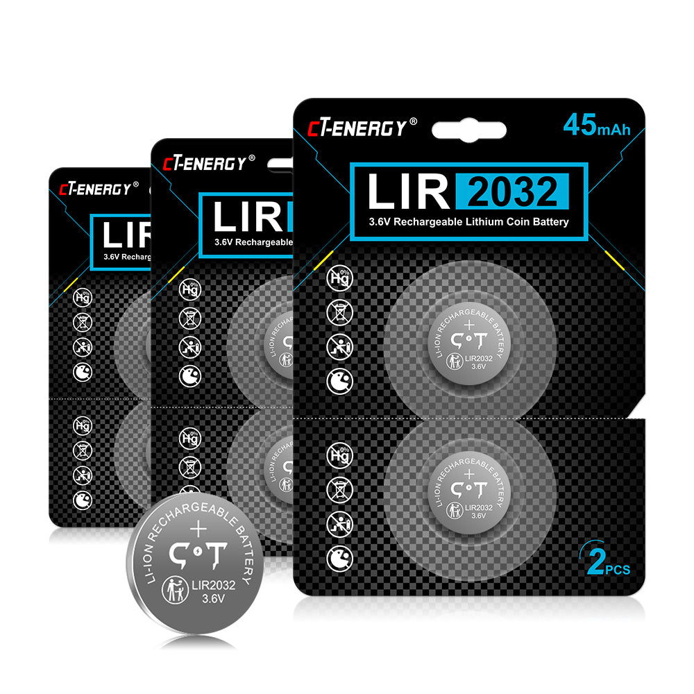 CT-ENERGY Rechargeable cr2032 Batteries 6 Pack 3.6V Lir2032 Battery for Key Fobs Replace 3V CR2032 ML2032