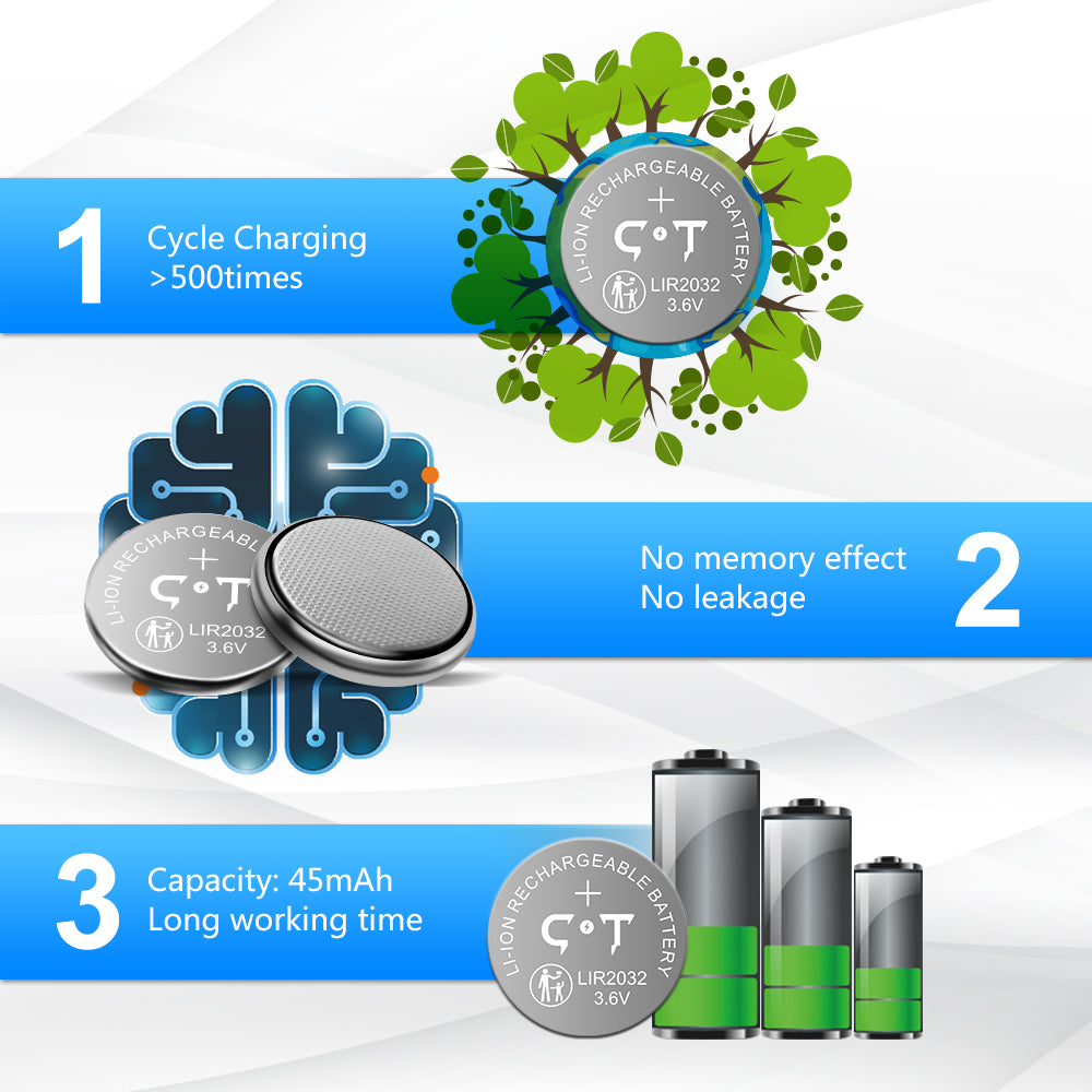 CT-ENERGY Rechargeable cr2032 Batteries 6 Pack 3.6V Lir2032 Battery for Key Fobs Replace 3V CR2032 ML2032
