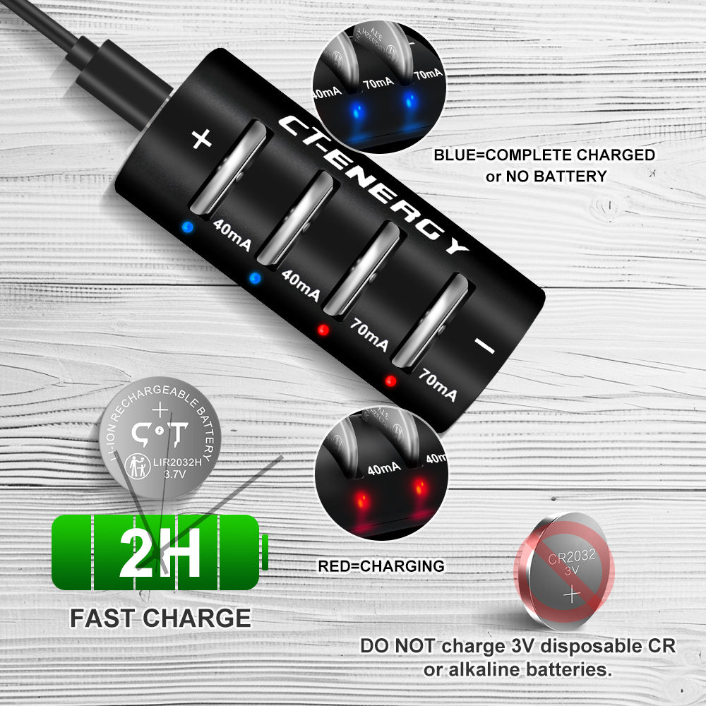 Rechargeable Lir 2032h Batteries with 4 Bay Charger Kit,Coin Button Cell Battery Charger with Child-Proof Storage Box,Rechargeable 3.7V 2032 Battery Replace CR2032