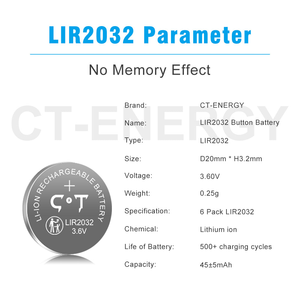 CT-ENERGY Rechargeable cr2032 Batteries 6 Pack 3.6V Lir2032 Battery for Key Fobs Replace 3V CR2032 ML2032