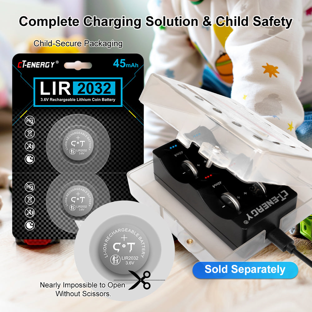 CT-ENERGY Rechargeable cr2032 Batteries 4 Pack with Coin Button Battery Charger Kit, 3.6V Rechargeable Lir2032 Battery for Key Fobs Replace 3V CR2032