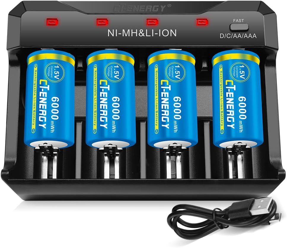 Rechargeable C Batteries with 4 Bay Charger for Lithium/Ni-mh/Ni-cd of AA/AAA/C/D Rechargeable Batteries,4 Pack 1.5V Lithium C Size Rechargeable Batteries 6000mWh