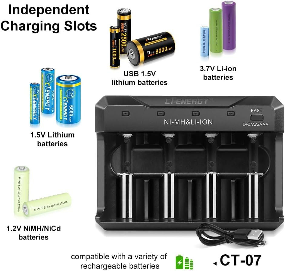 Rechargeable C Batteries with 4 Bay Charger for Lithium/Ni-mh/Ni-cd of AA/AAA/C/D Rechargeable Batteries,4 Pack 1.5V Lithium C Size Rechargeable Batteries 6000mWh