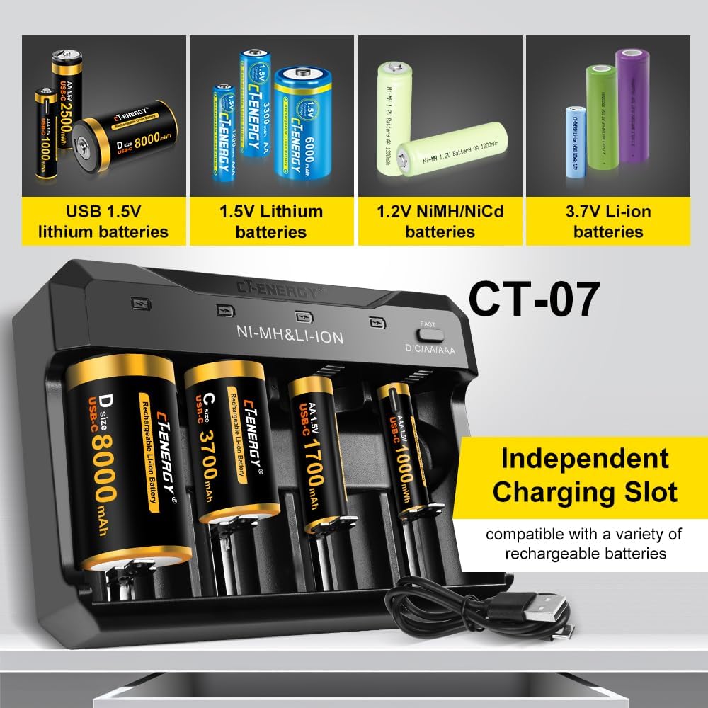 4 Bay AA AAA C D Battery Charger with Rechargeable D Cells Batteries 4 Counts,USB 1.5V LR20 Lithium D Size Rechargeable Batteries 8000mWh,Quick Charger for Lithium Ni-mh Ni-cd