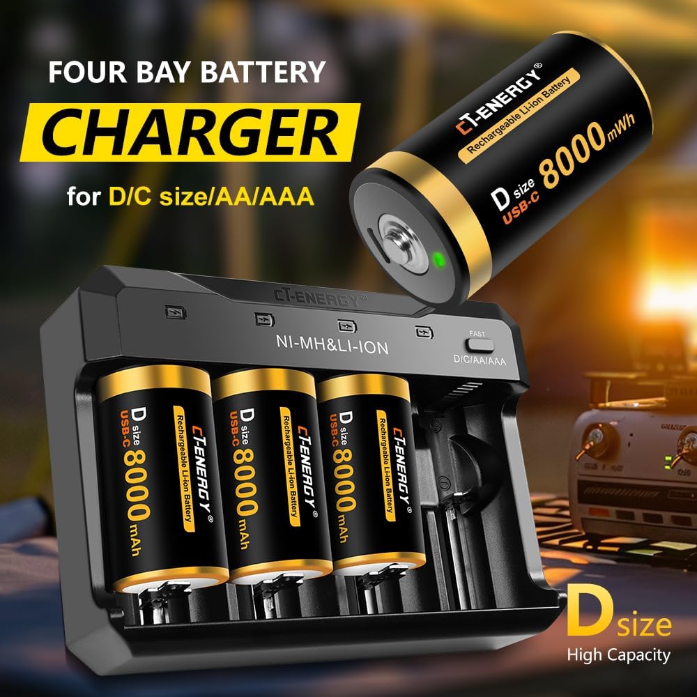 4 Bay AA AAA C D Battery Charger with Rechargeable D Cells Batteries 4 Counts,USB 1.5V LR20 Lithium D Size Rechargeable Batteries 8000mWh,Quick Charger for Lithium Ni-mh Ni-cd