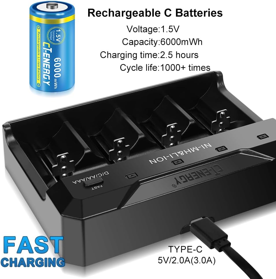 Rechargeable C Batteries with 4 Bay Charger for Lithium/Ni-mh/Ni-cd of AA/AAA/C/D Rechargeable Batteries,4 Pack 1.5V Lithium C Size Rechargeable Batteries 6000mWh