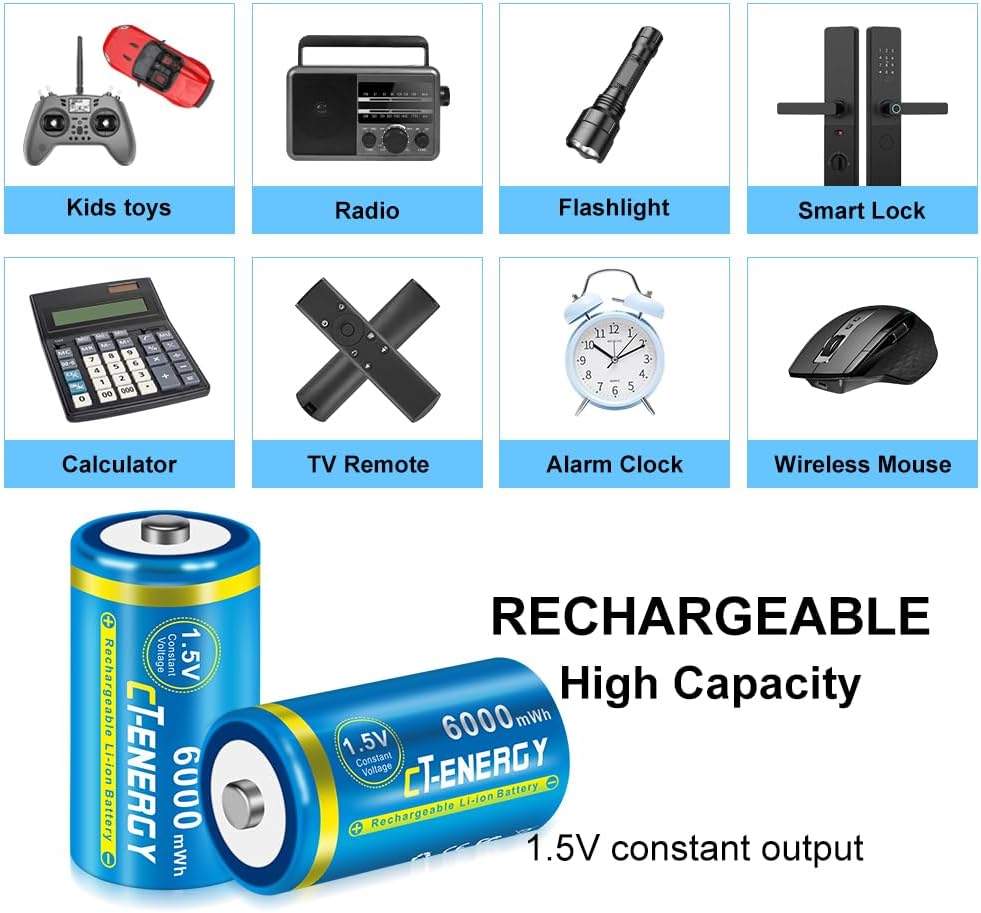 Rechargeable C Batteries with 4 Bay Charger for Lithium/Ni-mh/Ni-cd of AA/AAA/C/D Rechargeable Batteries,4 Pack 1.5V Lithium C Size Rechargeable Batteries 6000mWh