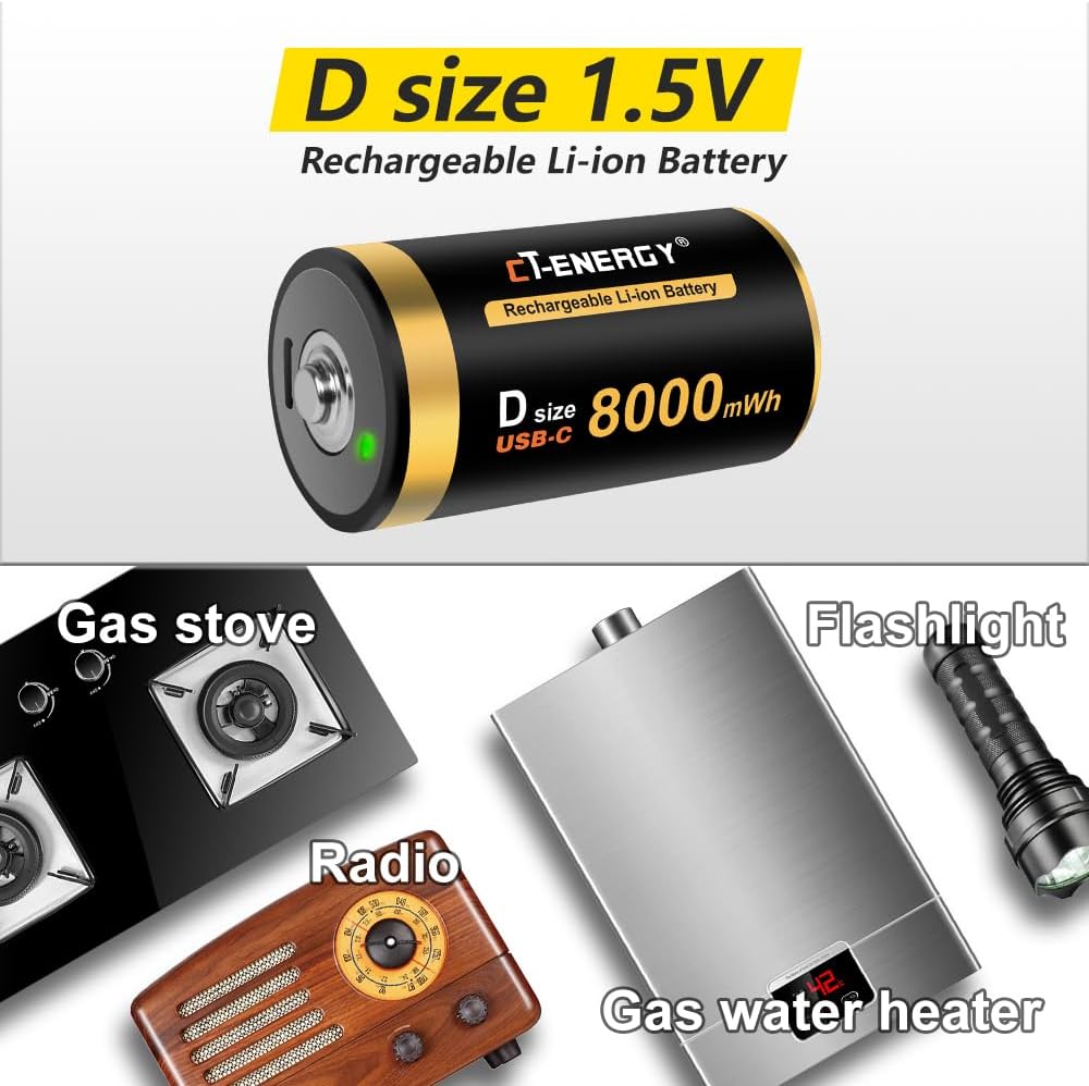 4 Bay AA AAA C D Battery Charger with Rechargeable D Cells Batteries 4 Counts,USB 1.5V LR20 Lithium D Size Rechargeable Batteries 8000mWh,Quick Charger for Lithium Ni-mh Ni-cd