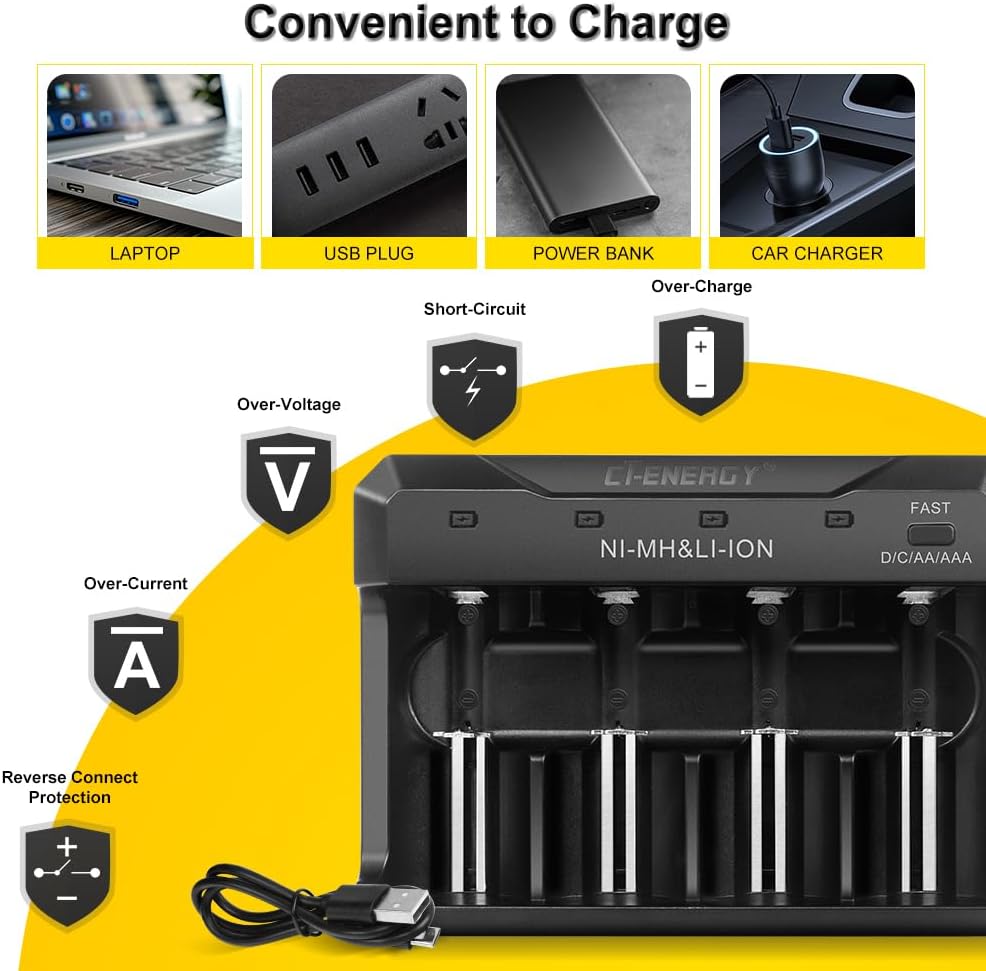 4 Bay AA AAA C D Battery Charger with Rechargeable D Cells Batteries 4 Counts,USB 1.5V LR20 Lithium D Size Rechargeable Batteries 8000mWh,Quick Charger for Lithium Ni-mh Ni-cd