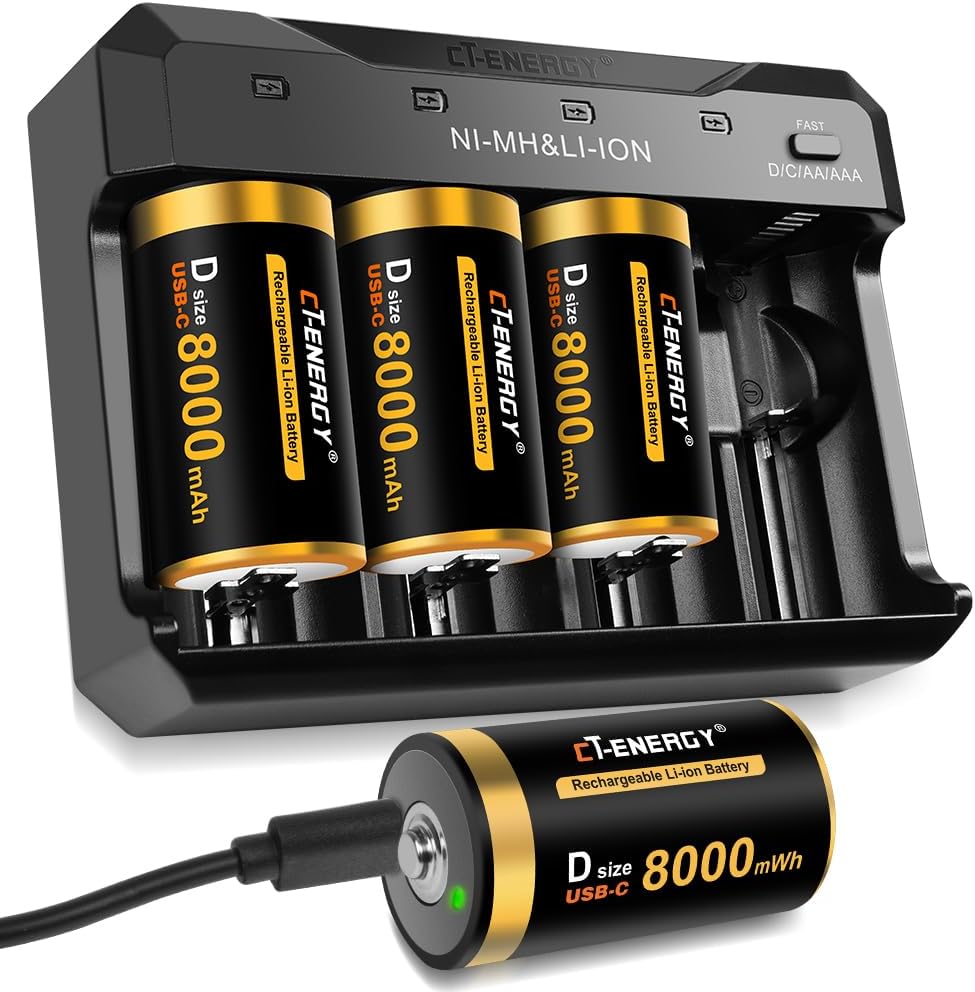 4 Bay AA AAA C D Battery Charger with Rechargeable D Cells Batteries 4 Counts,USB 1.5V LR20 Lithium D Size Rechargeable Batteries 8000mWh,Quick Charger for Lithium Ni-mh Ni-cd