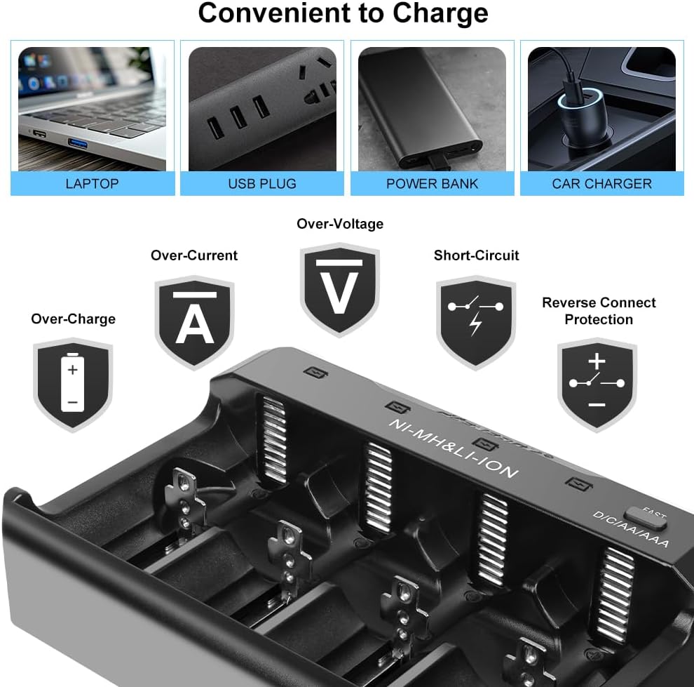 Rechargeable C Batteries with 4 Bay Charger for Lithium/Ni-mh/Ni-cd of AA/AAA/C/D Rechargeable Batteries,4 Pack 1.5V Lithium C Size Rechargeable Batteries 6000mWh