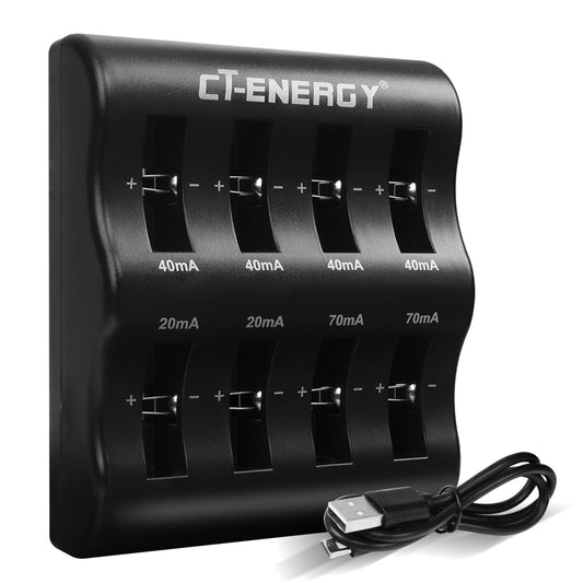 CT-ENERGY Lithium Coin Button Cells Battery Charger 8 Slots for 8 Pack 3.6V Rechargeable 2032 Batteries