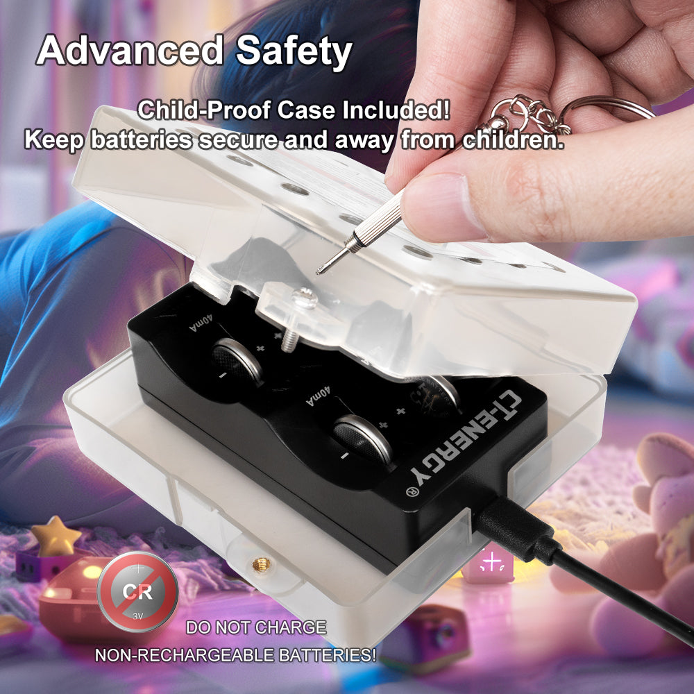 CT-ENERGY Lithium Coin Button Battery Charger with 4 Charging Bay for Rechargeable Lir 2450 2032h 2032 2025 2016 1632 1620 Batteries.(Batteries Not Included)