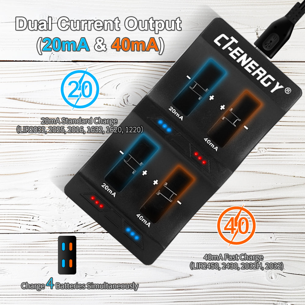 CT-ENERGY Lithium Coin Button Battery Charger with 4 Charging Bay for Rechargeable Lir 2450 2032h 2032 2025 2016 1632 1620 Batteries.(Batteries Not Included)