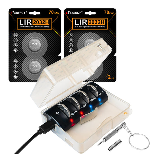 Rechargeable Lir 2032h Batteries with 4 Bay Charger Kit,Coin Button Cell Battery Charger with Child-Proof Storage Box,Rechargeable 3.7V 2032 Battery Replace CR2032