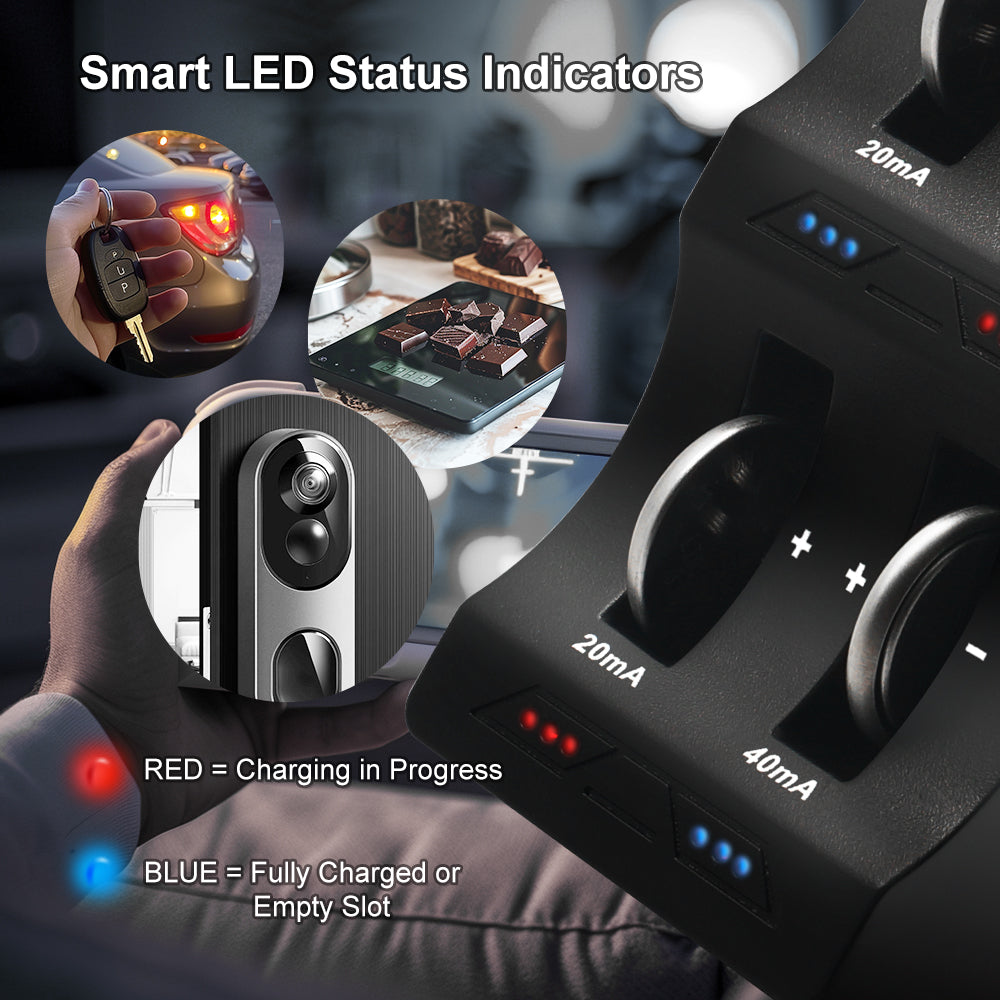 CT-ENERGY Lithium Coin Button Battery Charger with 4 Charging Bay for Rechargeable Lir 2450 2032h 2032 2025 2016 1632 1620 Batteries.(Batteries Not Included)