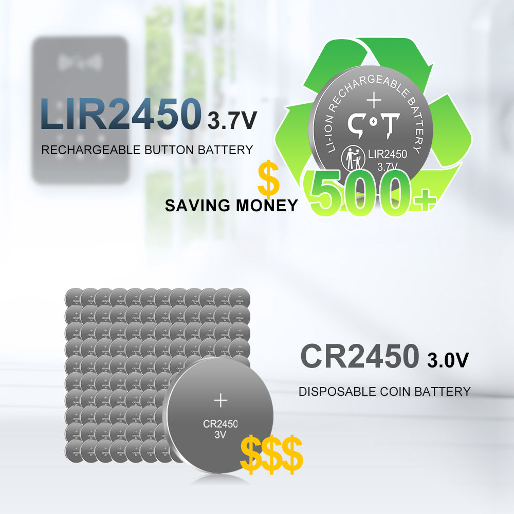 CT-ENERGY Rechargeable CR2450 Batteries 4pcs 3.7V High Capacity 120mAh Lir2450 Battery for Sensors