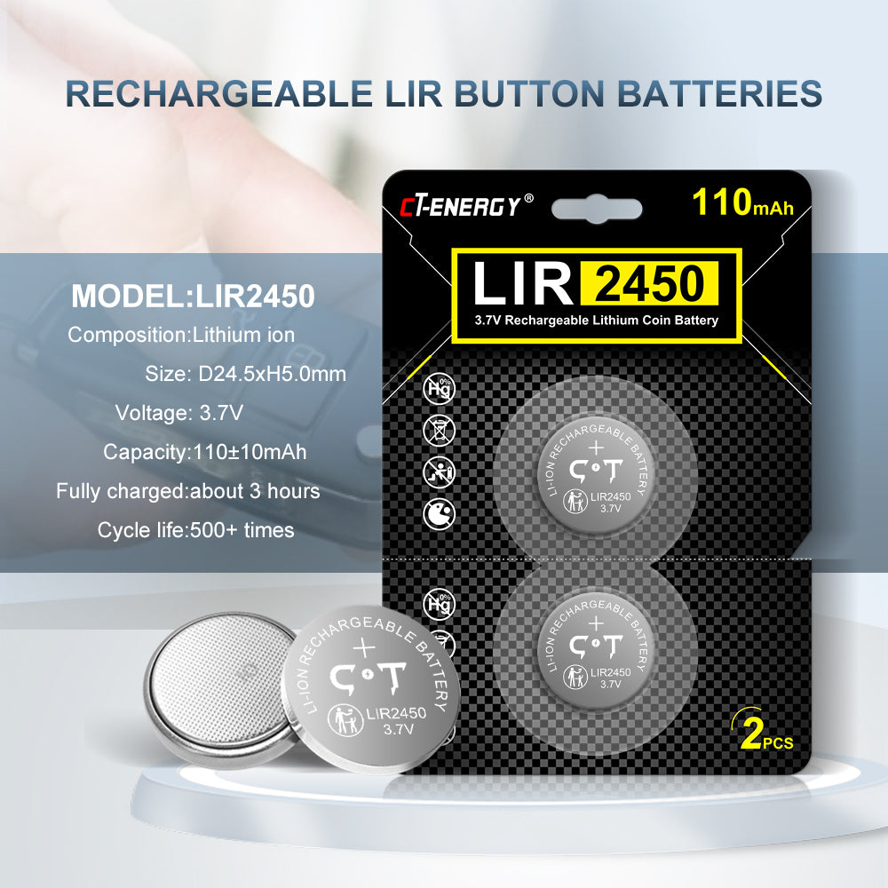 CT-ENERGY Rechargeable CR2450 Batteries 4pcs 3.7V High Capacity 120mAh Lir2450 Battery for Sensors
