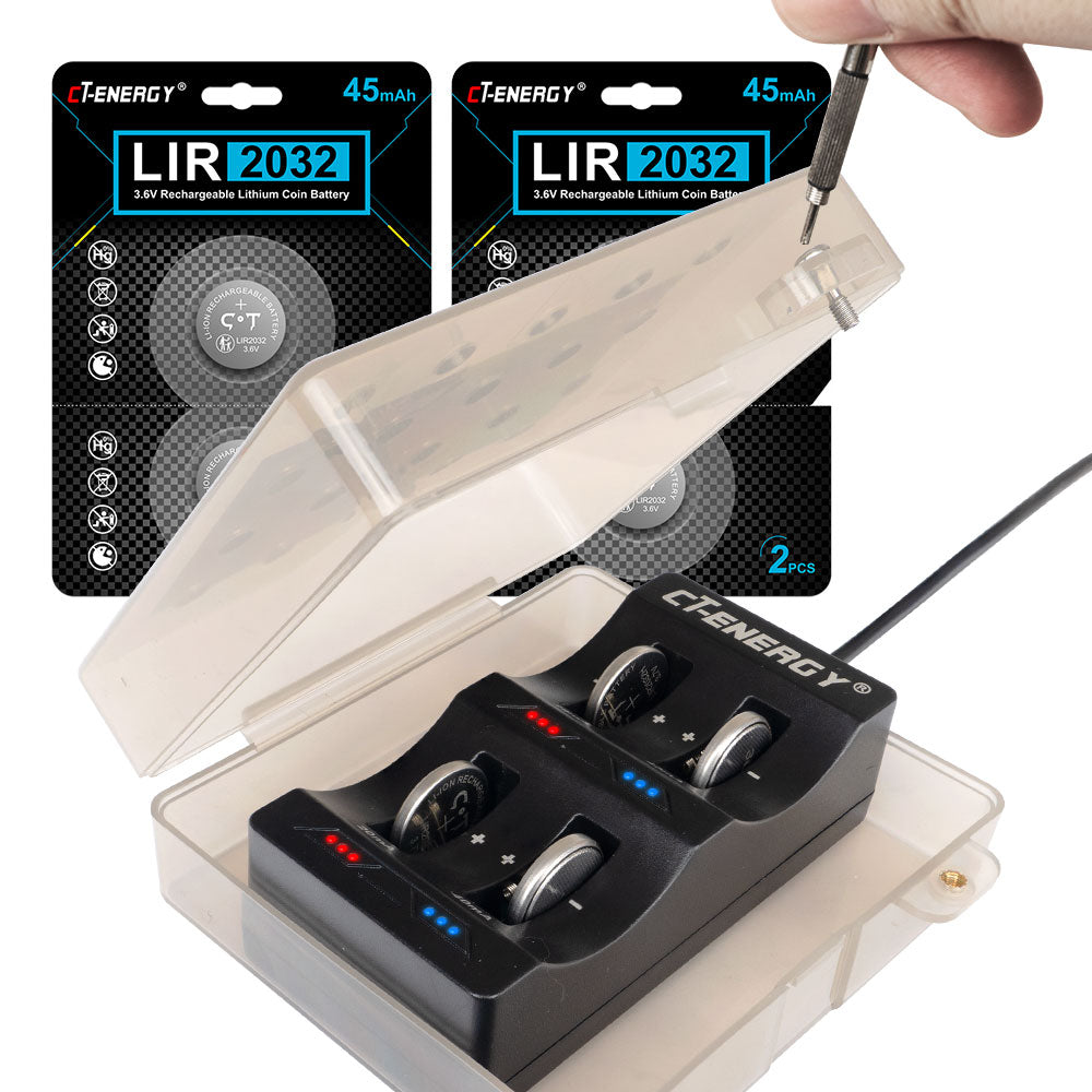 CT-ENERGY Rechargeable cr2032 Batteries 4 Pack with Coin Button Battery Charger Kit, 3.6V Rechargeable Lir2032 Battery for Key Fobs Replace 3V CR2032