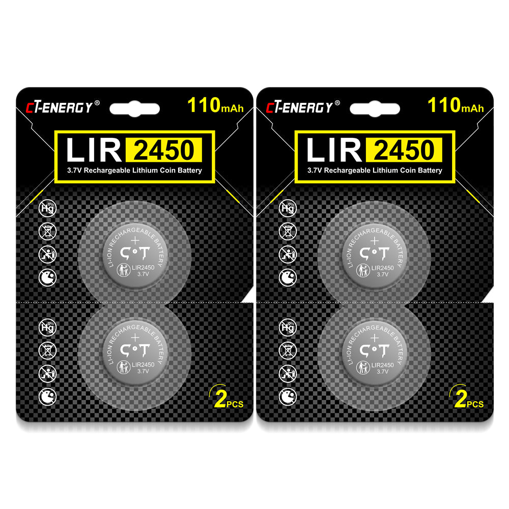 CT-ENERGY Rechargeable CR2450 Batteries 4pcs 3.7V High Capacity 120mAh Lir2450 Battery for Sensors