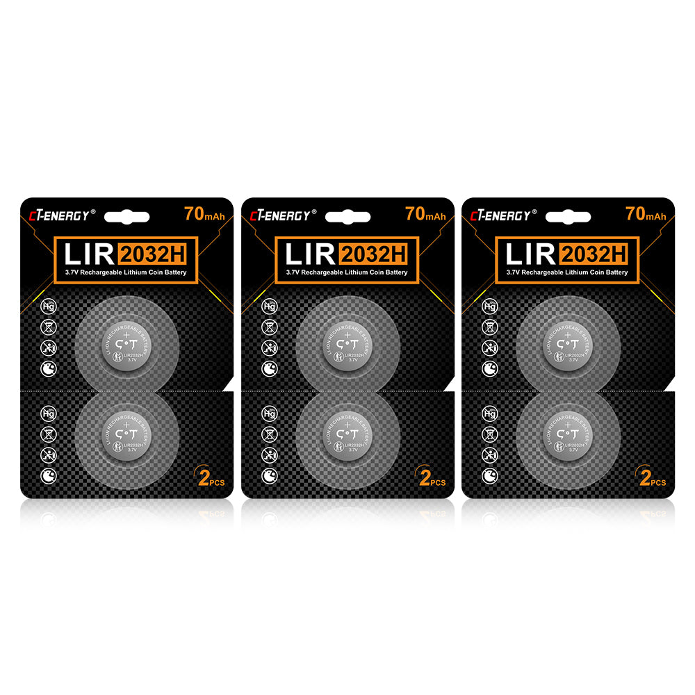 Lir2032h Battery 6pcs Rechargeable 2032h Batteries for Key Fob,3.7V High Capacity 70mAh Rechargeable cr2032 Button Batteries